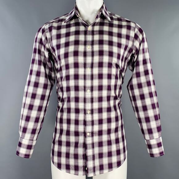 ETRO Size 39 Purple White Plaid Cotton Spread Collar Long Sleeve Shirt